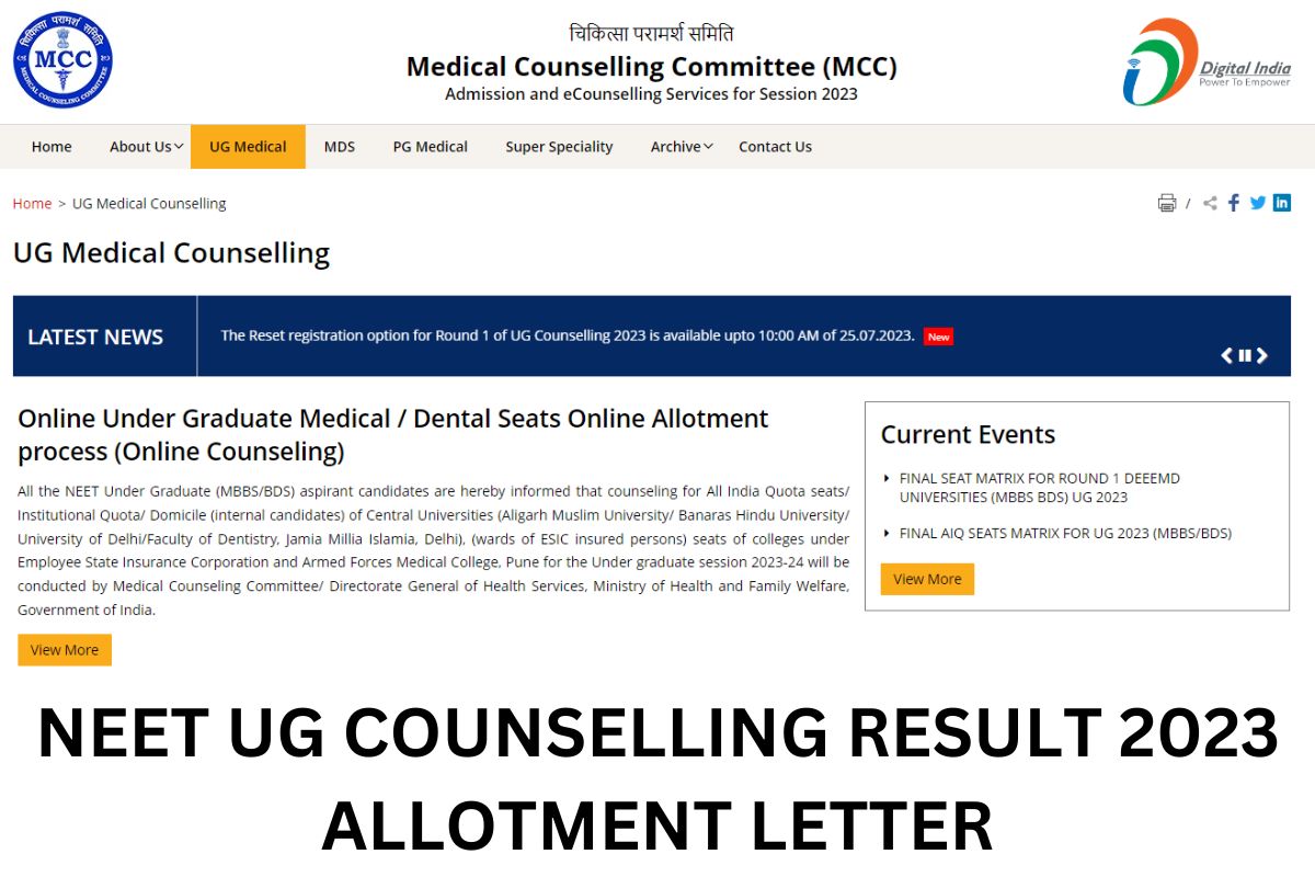 NEET UG Round 1 Seat Allotment List 2023, mcc.nic.in Counselling Result